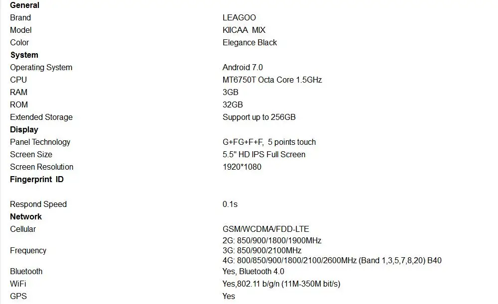 LEAGOO KIICAA MIX 4G мобильный телефон 5," полный экран Android 7,0 MTK6750T Core фронтальная камера отпечатков пальцев 3 ГБ 32 ГБ Двойная Задняя камера смартфон