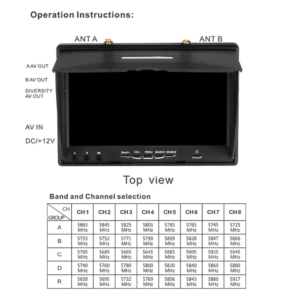 Monitor con bater&iacute;a integrada para multic&oacute;ptero, pantalla de v&iacute;deo con DVR, 5802x5,8, 800G, 40 canales, 7 pulgadas, LCD5802D, LCD5802S, 480-5