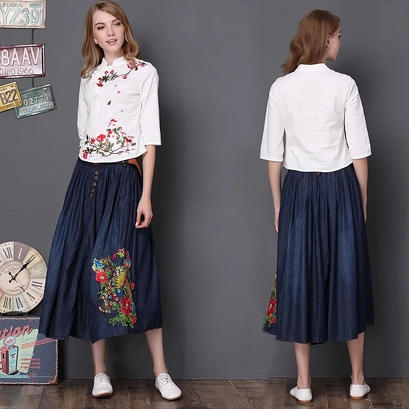 Для женщин Корейский цветочной вышивкой длинные джинсовые плиссированные юбки