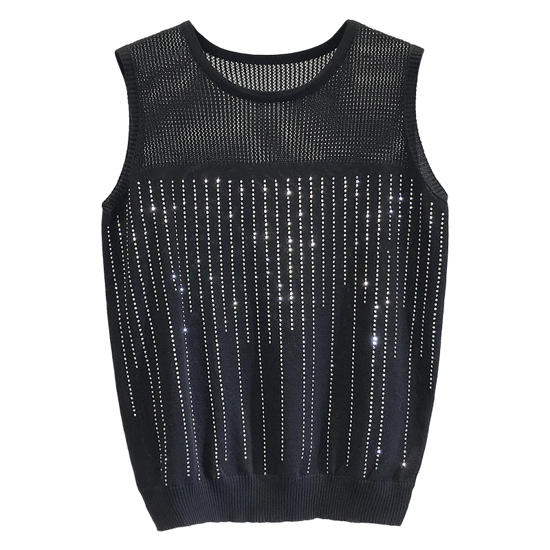 

Hot Drilling Vest for Women New Summer Fashion Hollow Out Sleeveless Tshirts Solid Color Loose Female Pullovers Knitted Tanks