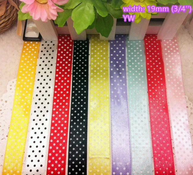 

9 colors to select 10 yards 19mm width Dots printed Satin Ribbon Tapes for hairbow gift bakery pack clothing wear Bowknot DIY