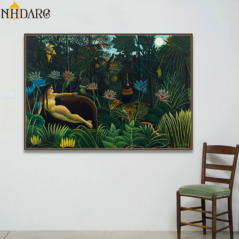 

Dream by Surrealist Artist Henri Rousseau Canvas Print Painting Naked Woman Tropical Rain Forests Natural Animal Home Decor Art