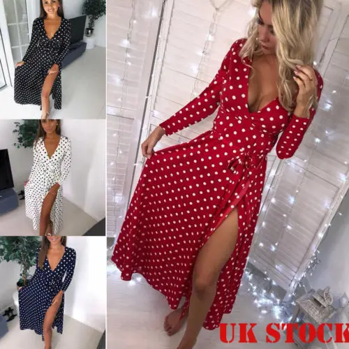 Women Dresses Holiday Long Sleeve Ladies Maxi Polka Dot Printed Split Slit Beach Dress Size S-XL Clothes | Женская одежда