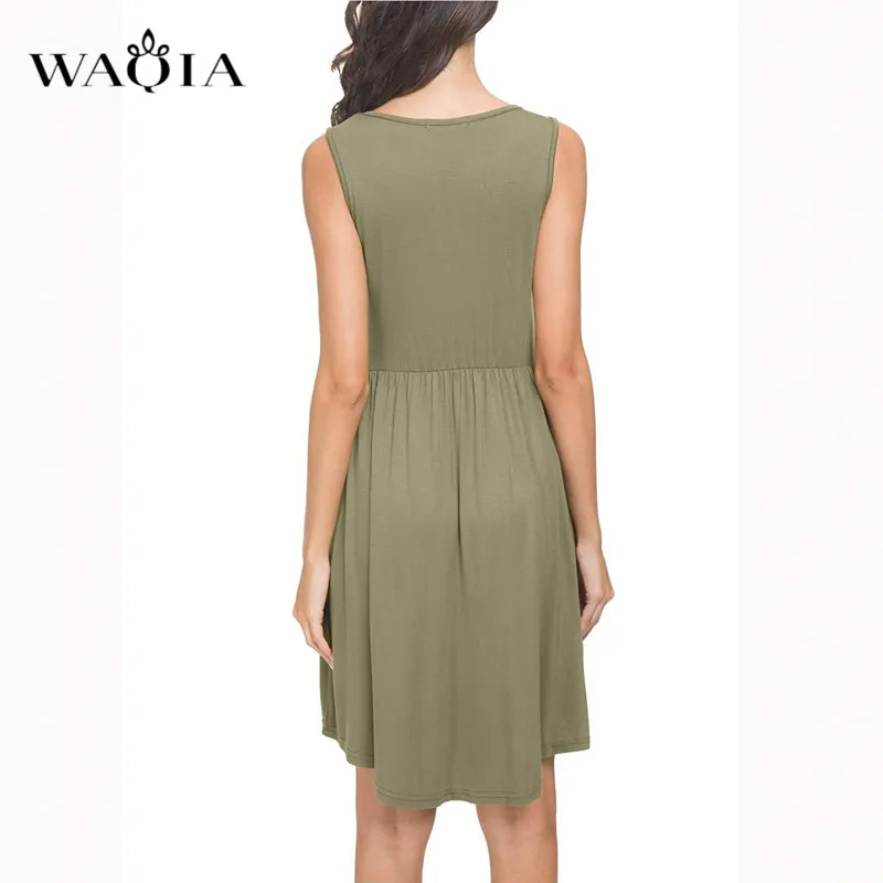 Waqia 2019 летнее платье женское однотонное мини без рукавов Boho короткое пляжное