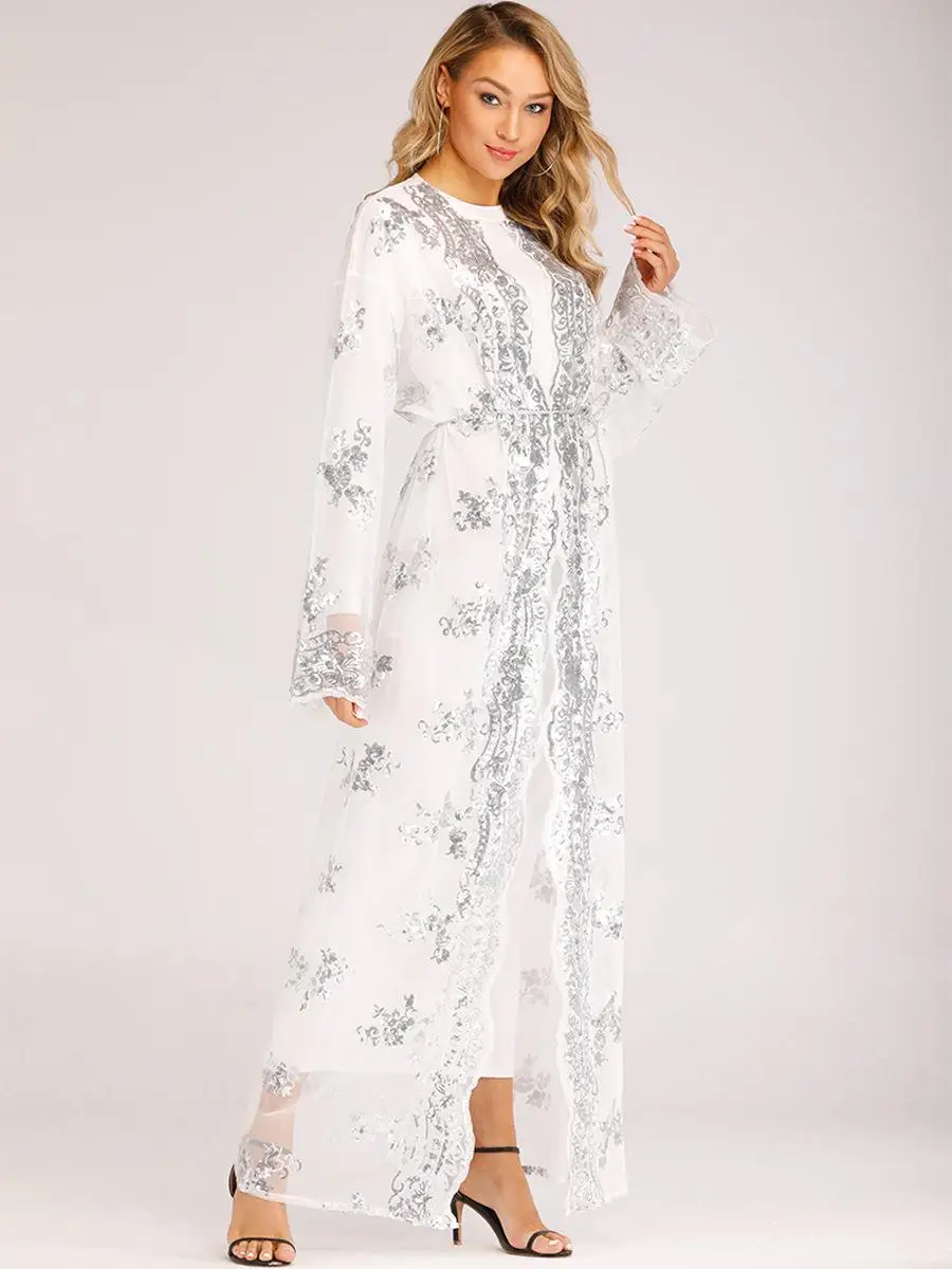 Роскошное кимоно с блестками для женщин abaya Дубай молитва открытый передний кафтан мусульманский с длинным рукавом Кардиган Платье Рамадан халат арабское