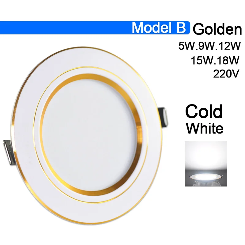 Model B Cold White Светодиодный светильник 3 Вт 5 Вт 9 Вт 12 Вт 15 Вт 18 Вт потолочный светильник AC 220 В 240 в ультра тонкий золото, серебро, Алюминий Круглый Встраиваемый светодиодный точечный светильник - Испускаемый цвет: Model B Cold White