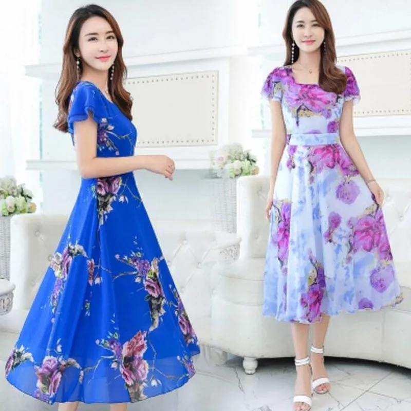 

printing Chiffon long dress women Short sleeve O-neck dress 2018 summer Floral beach dress Large size female vestidos LM19