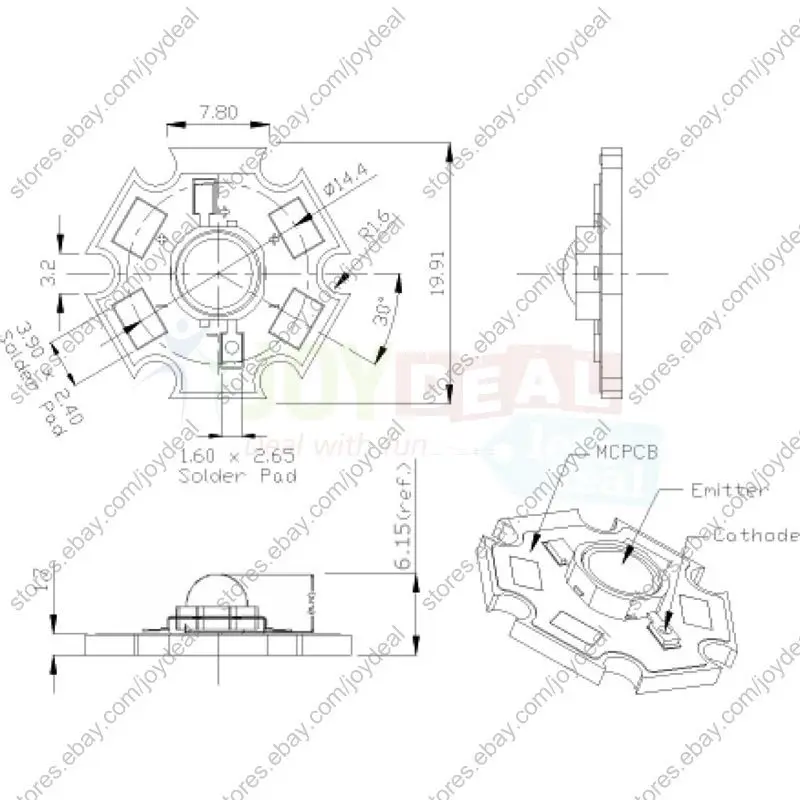 Светодиодный излучатель высокой мощности 1 Вт УФ/ультрафиолетовый 350 мА 40 лм 395
