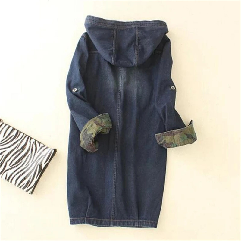 2016 Женская длинная куртка пальто однобортная джинсовая с капюшоном камуфляжная