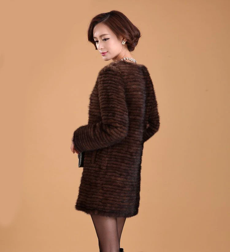 Популярная женская вязаная шуба из меха норки модная Шуба в полоску стиле