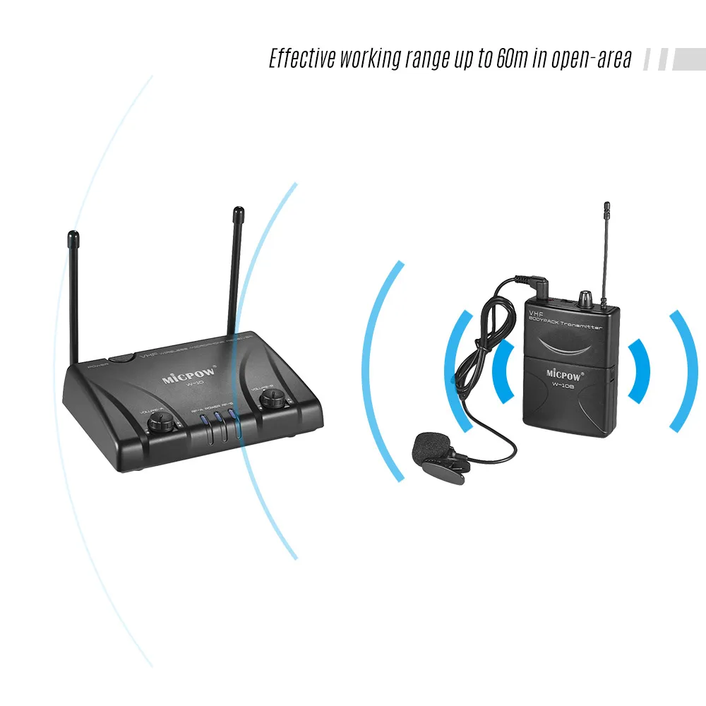 MICPOW W-10 беспроводной микрофон VHF двухканальный 2 лацкана петличный + передатчика 1