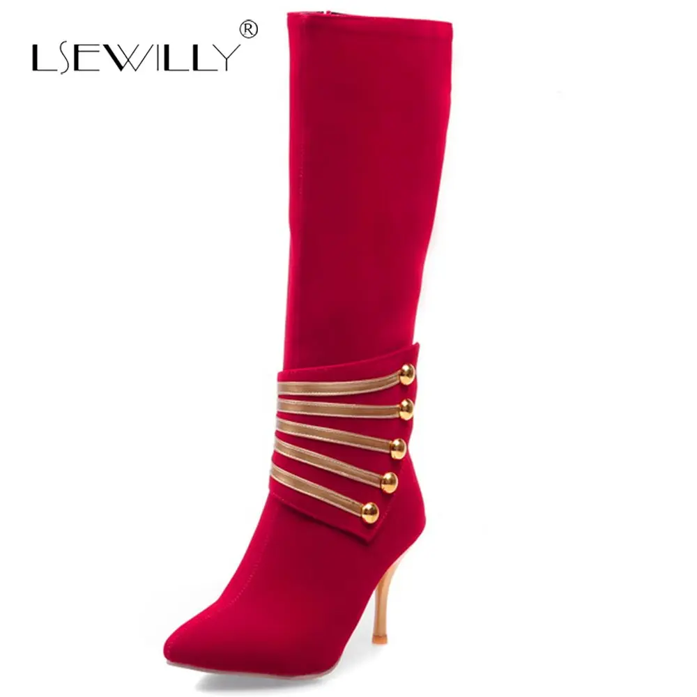

Lsewilly Fashion Women Knee High Boots Black Red Blue Thin High Heel Pointed Toe Women Motorcycle Boots Plus Size 32-45 S587