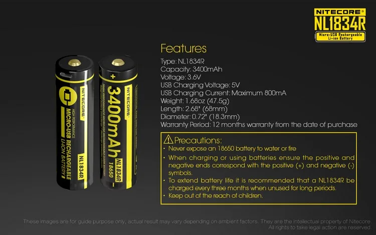 NITECORE NL1834R 3400 мАч Высокая Производительность микро-USB литий-ионная аккумуляторная батарея 12,24 Вт 3,6 В Кнопка Топ 18650 защищенный аккумулятор