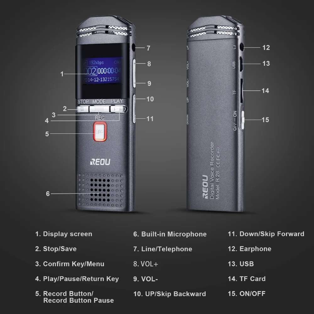 REOU Voice Stereo Digital Recorder Pen Audio Sound MP3 Player Dictaphone 8GB Dual Mic USB U Disk | Электроника