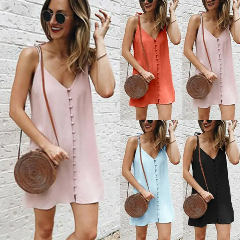 

Summer Women Sleeveless Suspenders Sling Beach Knee Mini Dress V-neck Dress