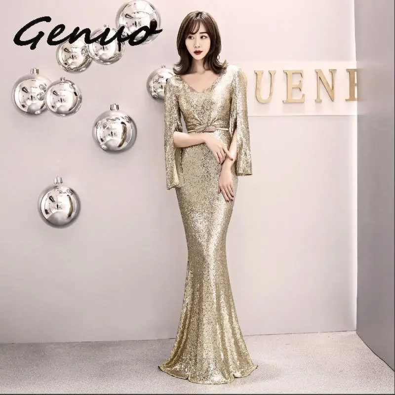 Genuo Elegant Party Dress Women Gold Silver Sequin Evening Party Gown Cloak Sleeves V Neck Belt Sexy Wedding Vestido de fiesta
