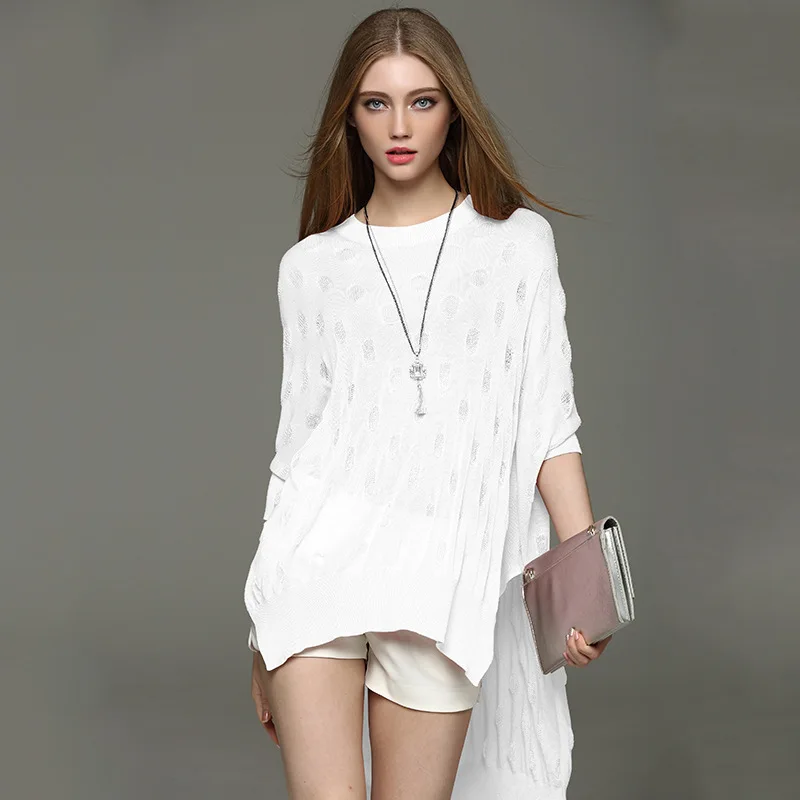 New sweater flax hollow bat type loose medium and long women seven sleeves women's clothing pure color | Женская одежда