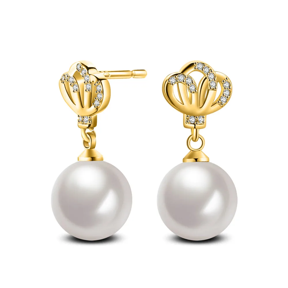 Wholesale fashion style sterling silver jewelry yellow gold plated crown shaped stud earrings for women with pearl and cz stone | Украшения