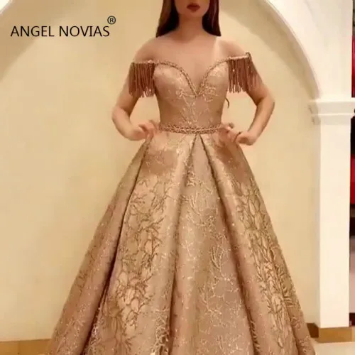 Золотой ANGEL NOVIAS Длинное Элегантное Пышное Золотое блестящее кружевное кафтановое арабское вечернее платье с кисточками sukienka dluga - Цвет: Золотой
