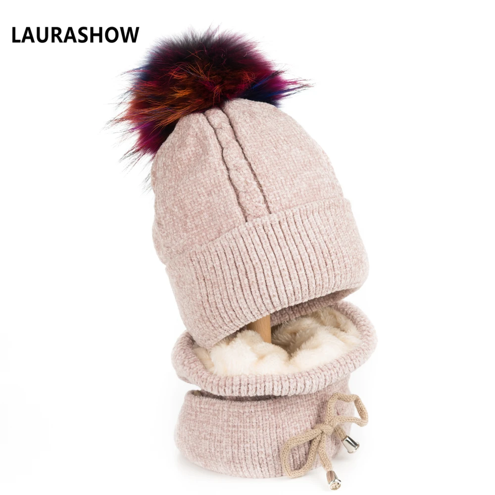 Lavashow 1 комплект для взрослых зимняя шапка с шарфом 15-16 см мяч из натурального меха енота помпоны шапка вязаная шапка Skullies женские шапочки