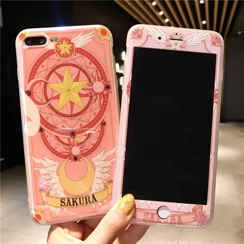 For iPhone 8 8plus Cardcaptor Sakura Case +Tempered Glass Screen film blue ray case for XS max XR X 6S 7 7plus Fudas |