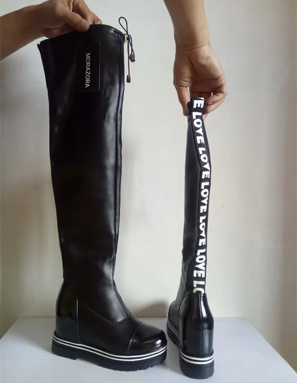 Женские сапоги выше колена MORAZORA черные из мягкой искусственной кожи на платформе