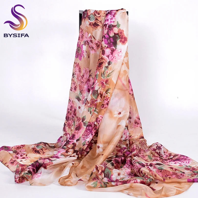 

[BYSIFA] Winter Pink Ladies Shawl Silk Scarf Fashion Accessories Summer Women Beach Towel Cape 200*110cm Floral Beach Cover Ups