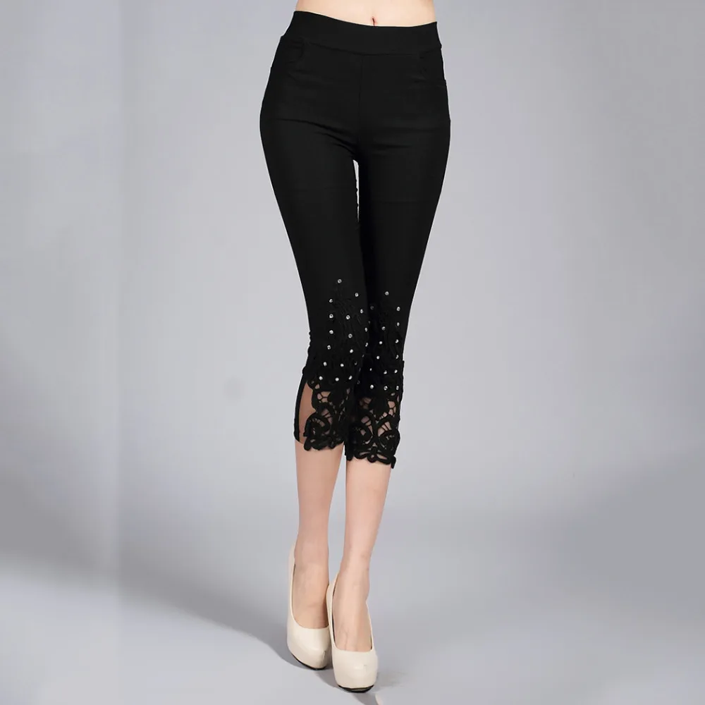 Размера плюс 4XL женские летние штаны с кружевом кроше Стразы обтягивающие