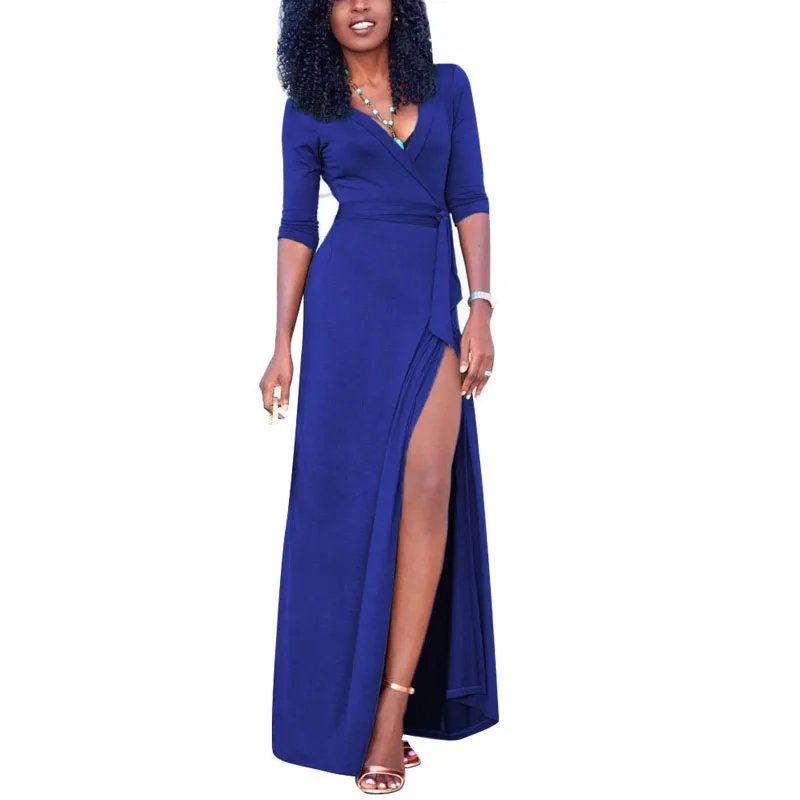 2017 High Split Maxi Dress Solid Sexy Full Sleeve Deep V-Neck Sashes Dresses vestidos | Женская одежда