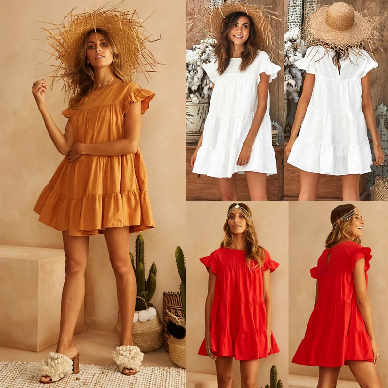 Womens Summer Short Sleeve Beach Dress Casual Party Club Loose A-Line Mini Sundress | Женская одежда