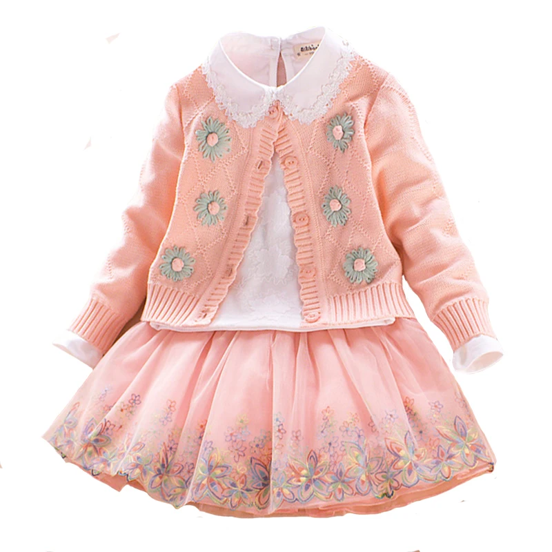 

Fashion Children Dresses Set Autumn Girls Sweater Coat Cotton Shirt Lace Costume 3pcs Suit Baby Princess Clothing 4y-8y