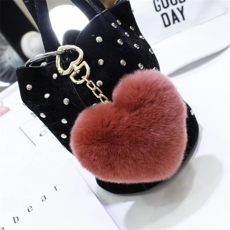 Women's Fashion Cute Fluffy Heart Keychains Pom Poms Rex Rabbit Fur Key Chains Girl Bag Hang Car Ring Jewelry Accessories | Украшения и