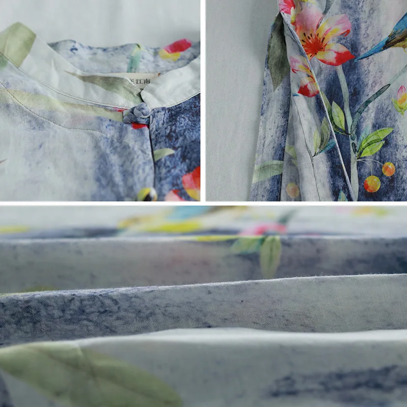 

Hisenky 2019 Women Summer Printed Dress Mandarin Collar Short Sleeves Dress Loose Enthnic Cotton Linen Dresses Robe Vestidos