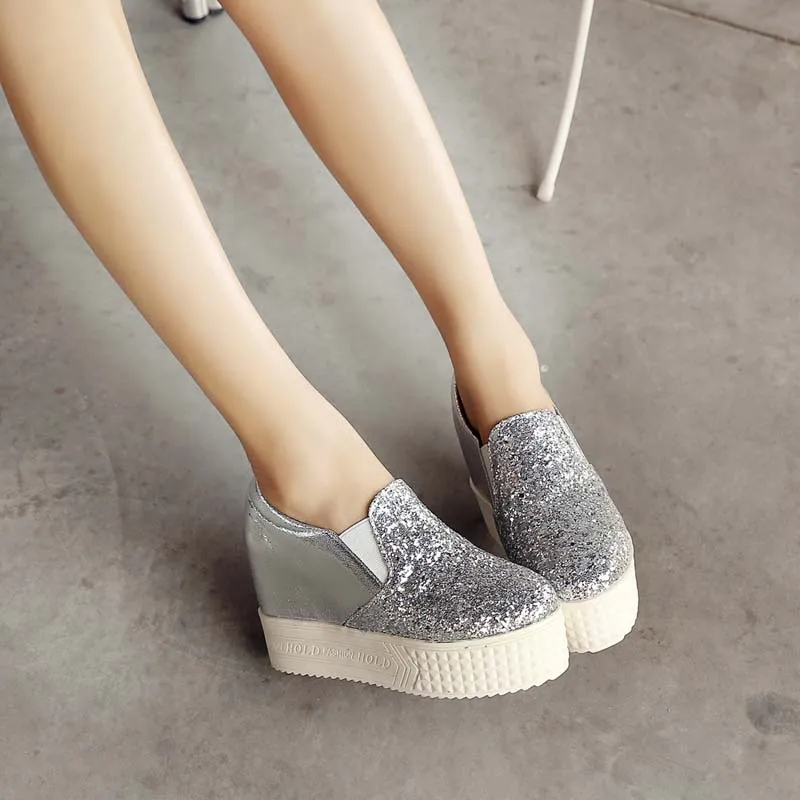 

ENMAYLA Big Size 34-43 Senior PU Leather + Sequins Slip-On New fashion Black White For Women Shoes Flat Platform White Shoes