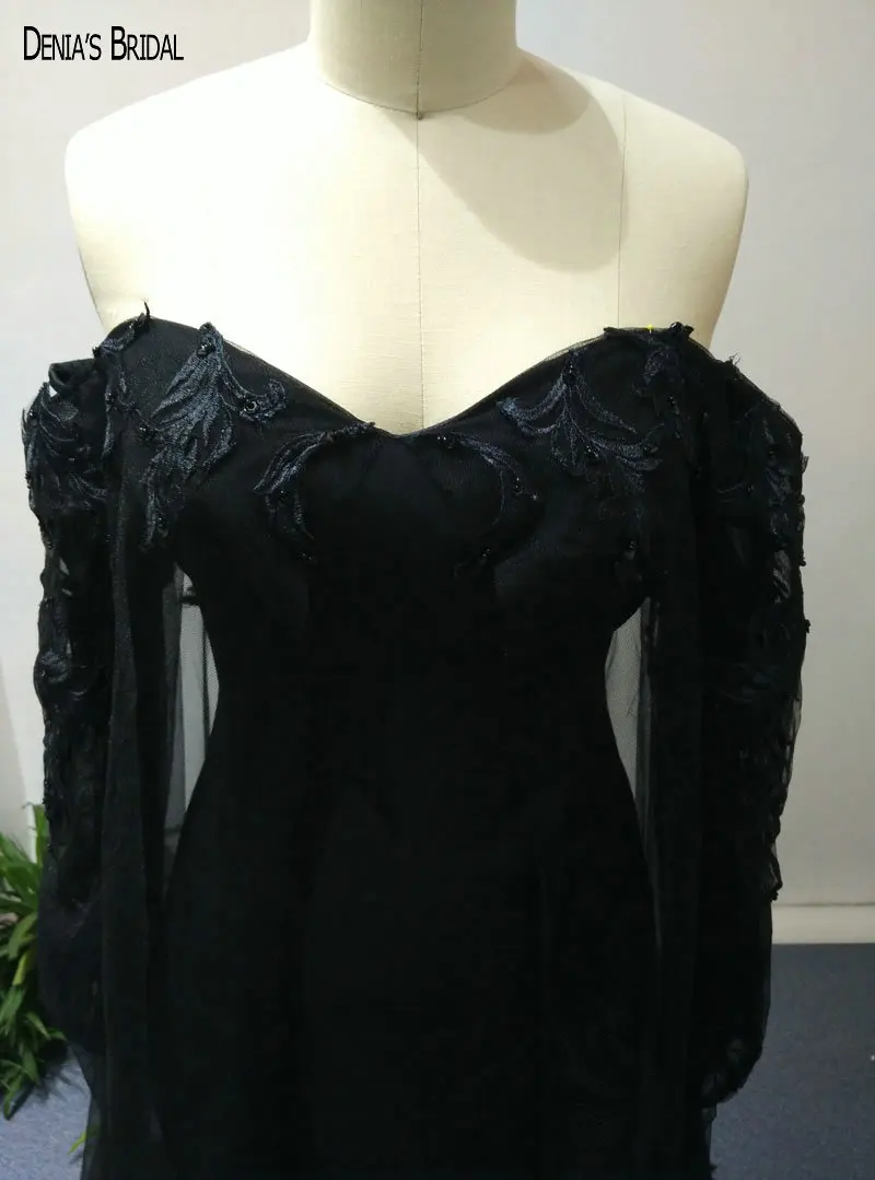 Черные вечерние платья в пол с V-образным вырезом и юбкой-годе 2017 со шлейфом для