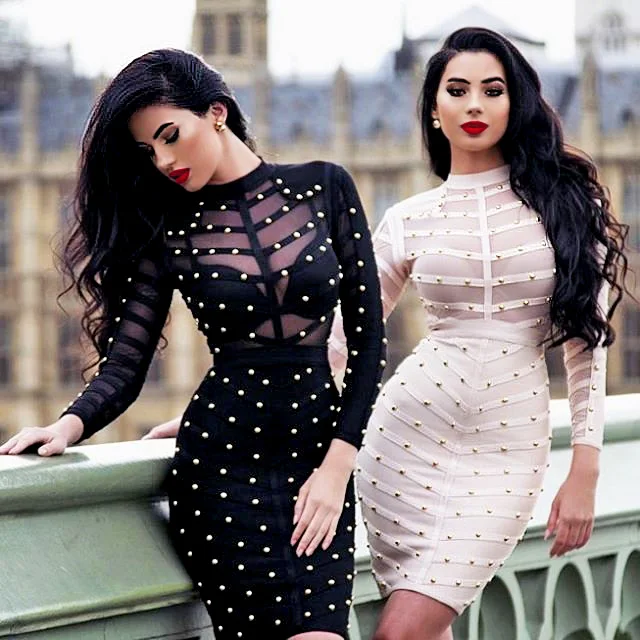 Gosexy 2019 женское Сетчатое Бандажное платье с длинным рукавом и бусинами до колена