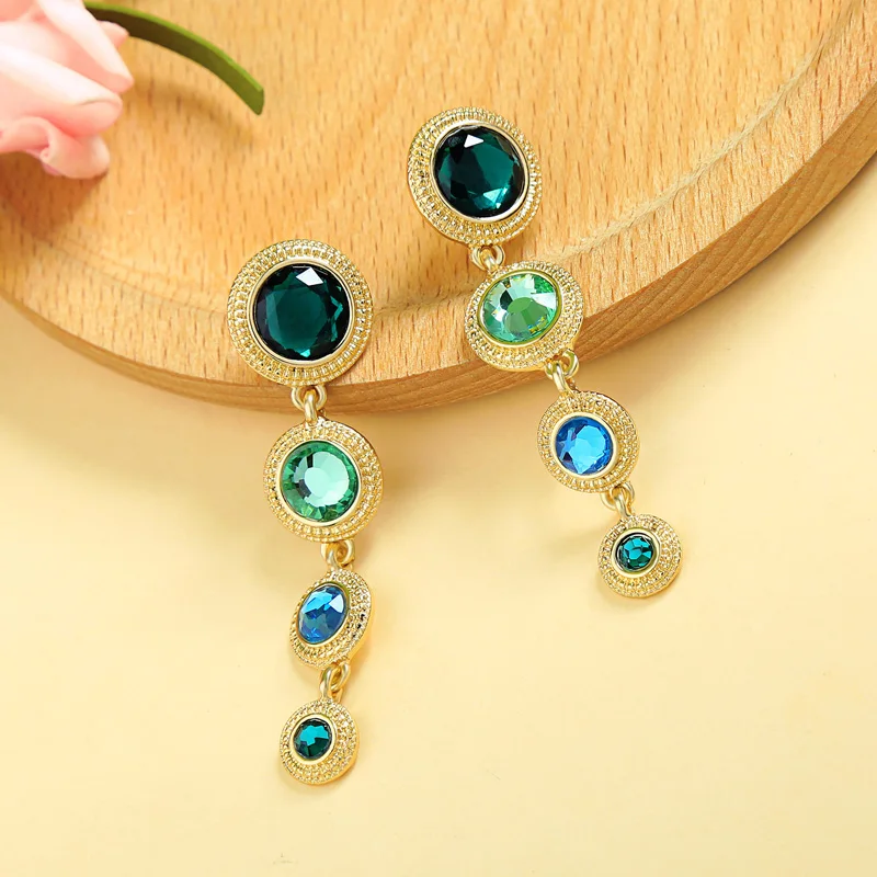 Geometric Round Green Rhinestone Water Drop Earring For Women Charm Long Dangle Earrings Fashion Jewelry Wholesale | Украшения и