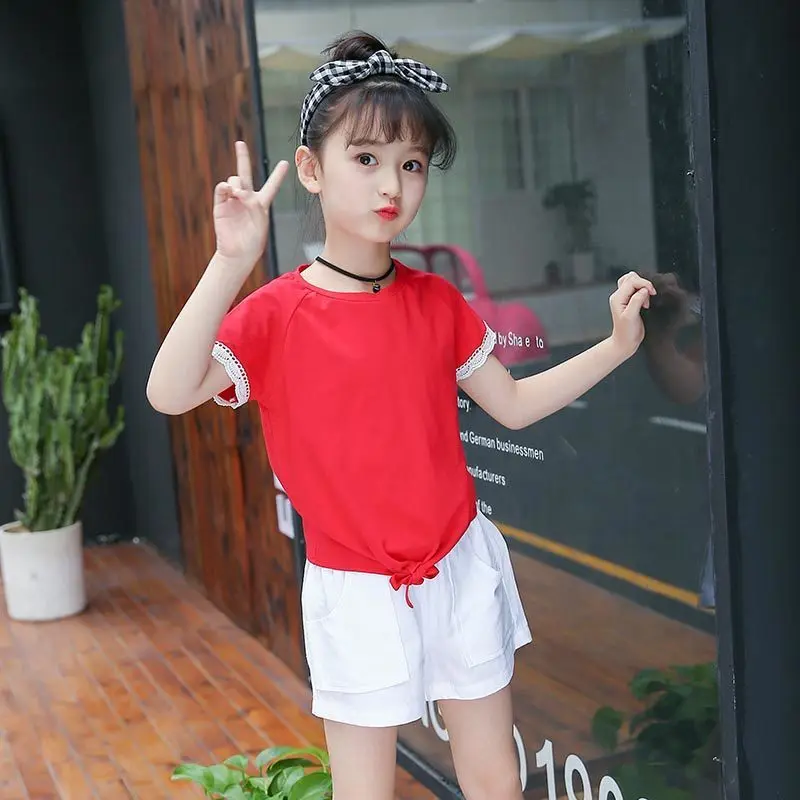 2018 новый летний отдых Стиль детей Костюмы комплекты Модная хлопковая Красная