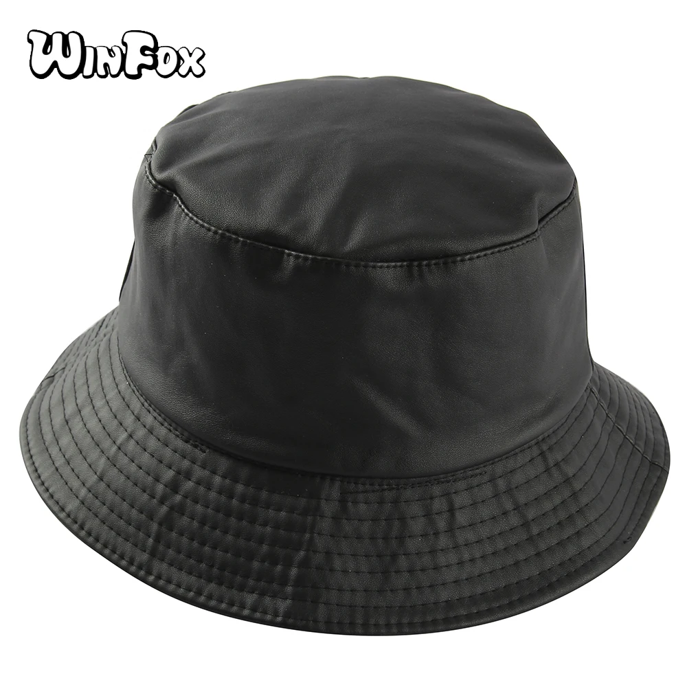 Winfox модные черные ПУ кожаные кепки в стиле хип хоп ведро шляпы для мужчин и женщин
