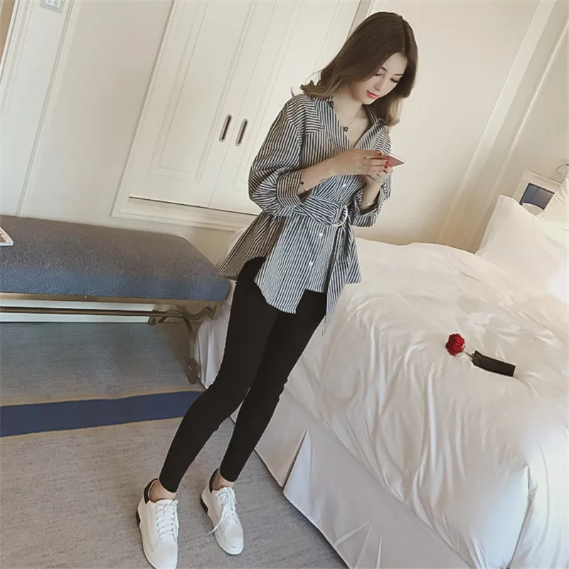 Женские летние рубашки блузки с длинным рукавом в полоску Топы 2017 Повседневная