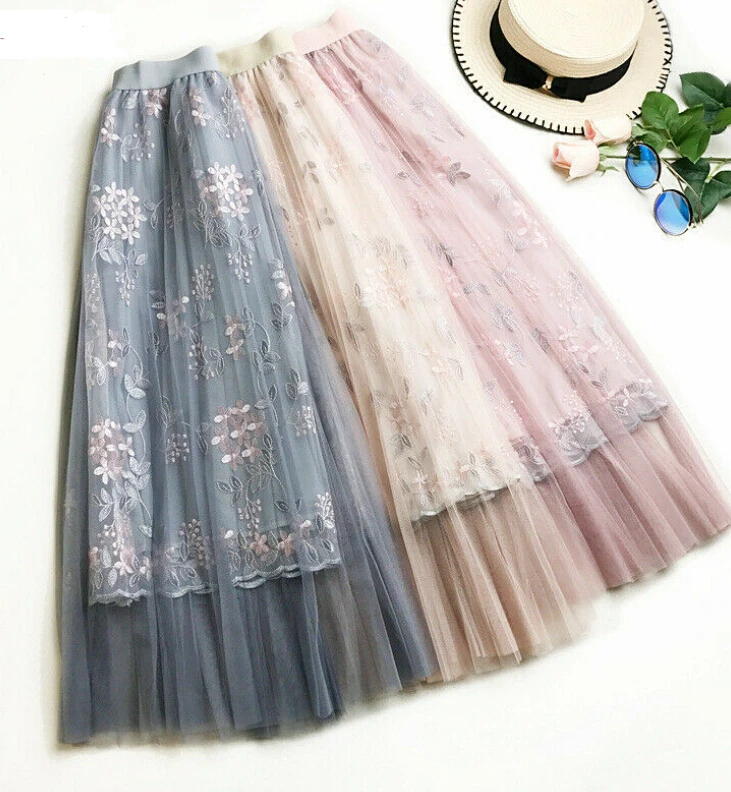 

New Fashion Skirts Womens Stretch High Waist Flower Embroidery Flared Pleated Skirt Femme Swing Skirts Summer Clothes For Women