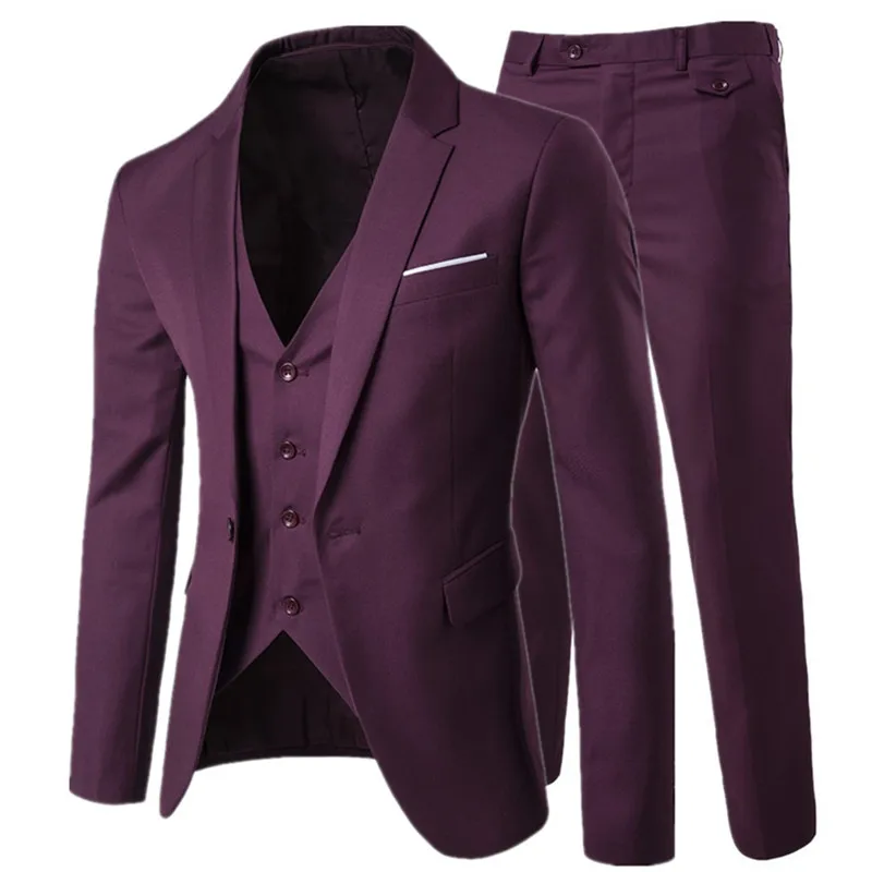 dark red 3 pieces Роскошный мужской костюм из 3 предметов, мужской свадебный тонкий повседневный деловой мужской костюм, Большой размер, Мужская праздничная одежда, платье жениха, S-6XL - Цвет: dark red 3 pieces