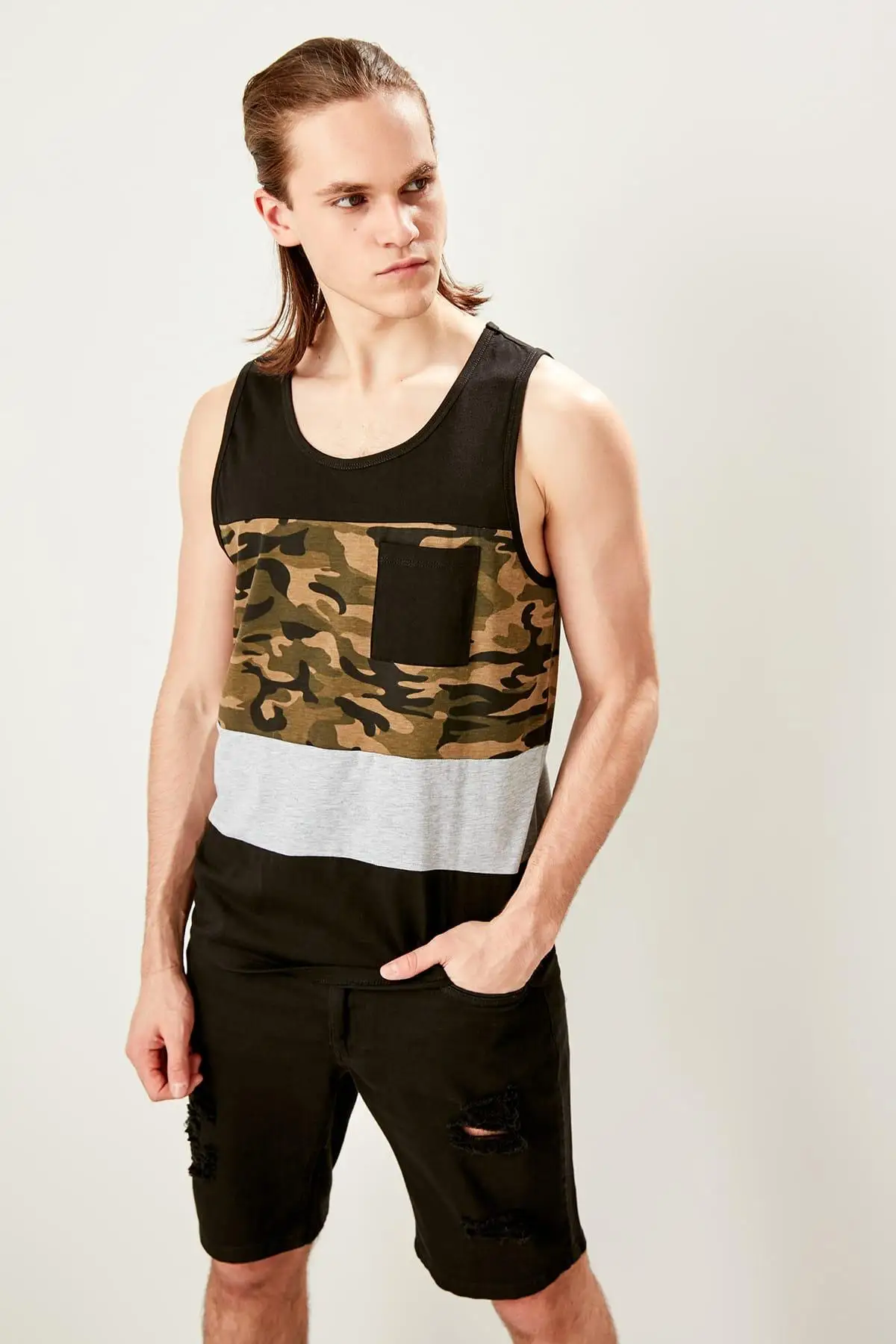 Trendyol черные мужские передние карманы Panelli Athlete TMNSS19SQ0050|Майки| |