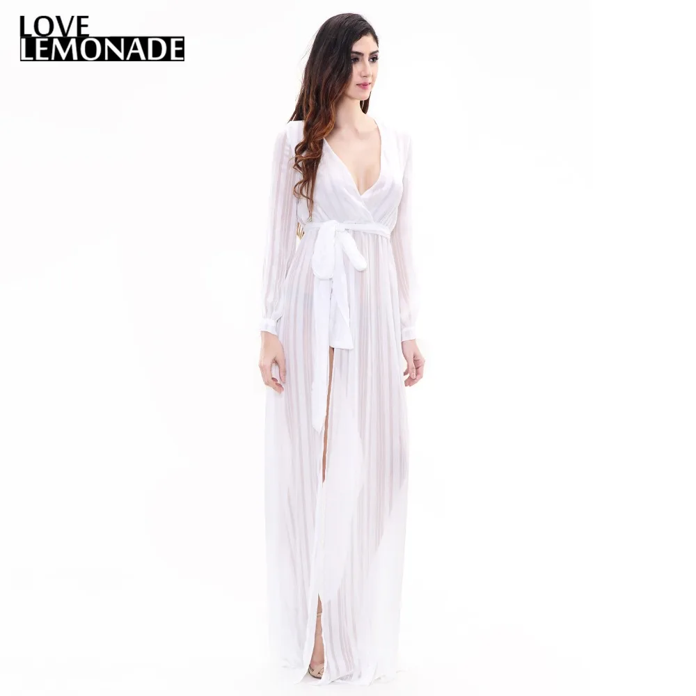 Белое длинное платье Love & Lemonade с треугольным вырезом и разрезом TB 8923|maxi dress|slit maxi