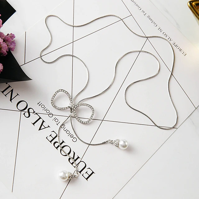 Ladies Rhinestone Bow Long Necklaces Sweater Chain Imitation Pearl Pendants Necklace Adjustable Tassel For Women | Украшения и
