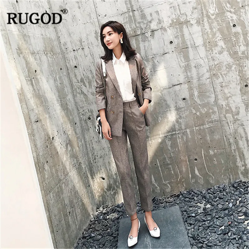 

RUGOD Casual 2 piece pants sets women Suit collar double-breasted business casual blazer& vintage Straight trousers two piece se