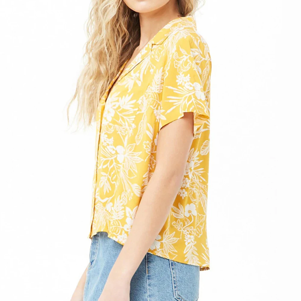 Женские топы размера плюс синие и желтые винтажные блузки с цветочным принтом