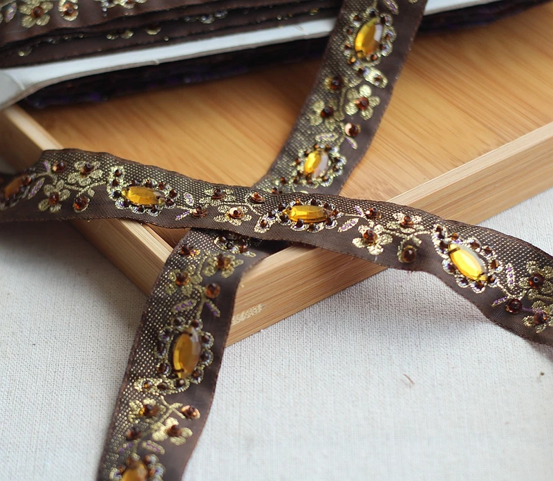 2 ярда кофейный + золотой высококачественный ручной работы с бисером и блестками