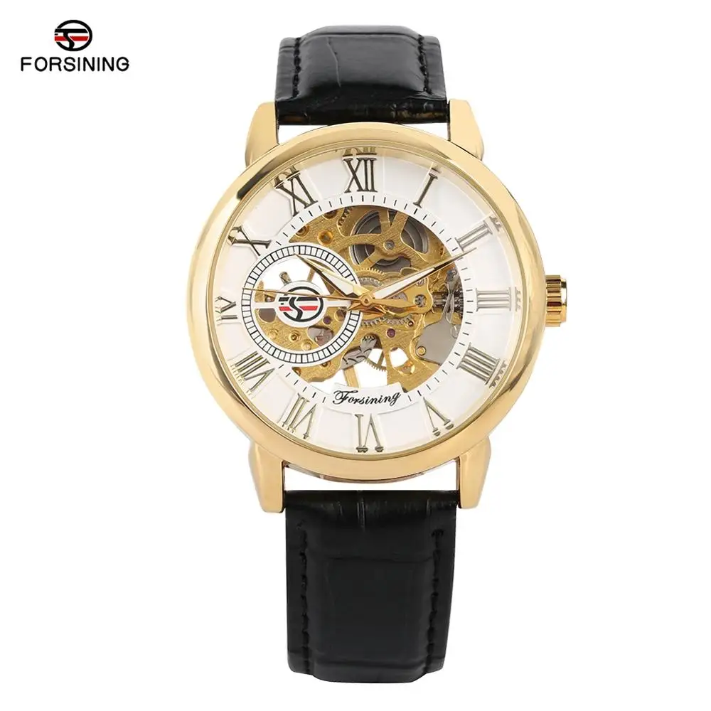 Business Mens Hand-Wind Mechanical Watches Casual Skeleton Mechanical Watch for Teenagers Black Leather Skeleton Watch for Boy