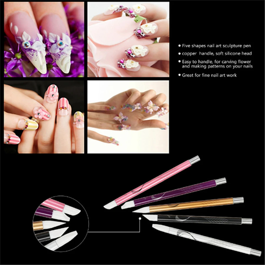 1set 2 Way Crystal Nail Art Brush Pen Silicone Head Carving Emboss Shaping Hollow Sculpture Acrylic Manicure Dotting Tools | Красота и